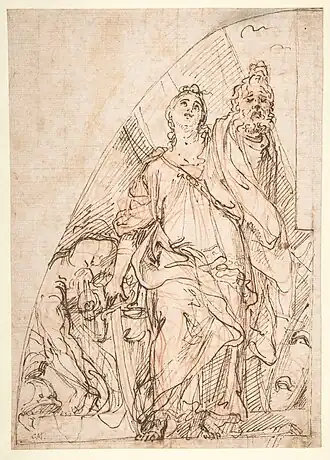Judith brandissant la tête d'Holopherne, encre et sanguine, New York, Metropolitan Museum of Art.