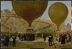 Peinture montrant la préparation au départ de deux ballons au milieu d'une foule nombreuse.