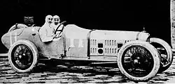 Photo de deux hommes en combinaison de pilote blanche, prenant la pose dans le poste de pilotage d'une voiture.