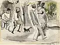 Personnages et chat dans un parc.