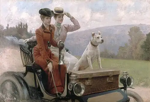 Les Dames Goldsmith au bois de Boulogne en 1897 sur une voiturette (1901), Compiègne, Musée national de la Voiture et du Tourisme.