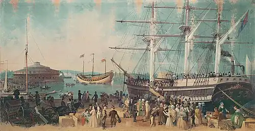 The Bay and Harbor of New York de Samuel Waugh (en) (1814-1885), montrant l'arrivée du Junk Keying dans le port de New York en juillet 1847 (vers 1853-1855)