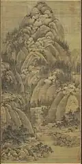 À la recherche de la « voie » [dao] dans la montagne en automne. Encre et couleurs légères sur soie. 156&nbsp;×&nbsp;77,5&nbsp;cm. Attribué à Juran, act. v. 960-980. Musée national du palais, République de Chine.