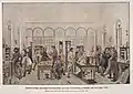 Les étudiants de Justus von Liebig, chimiste allemand, dans son laboratoire vers 1841.