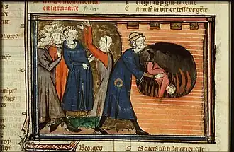 Fol. 10v: L’enfant juif jeté dans le four par son père