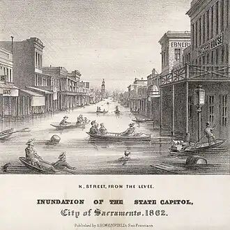 Lithographie de la rue K à Sacramento, Californie, lors de l'inondation de 1862.