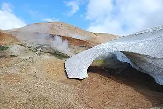 Fumerolles près d'un névé dans les montagnes de Kaldaklofsfjöll.