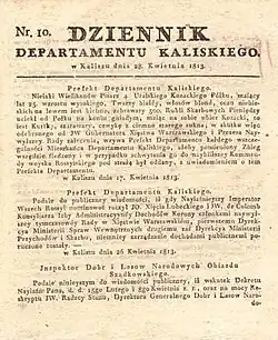Affiche en polonais annonçant l'occupation de Kalisz par un régiment russe de cosaques de l'Oural, 28 avril 1813.