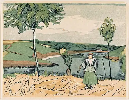 Impression en couleur d'un paysage de bord de rivière avec un petit personnage en bas à droite