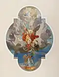 Saint Michel vainqueur de Satan sur un plafond de la chapelle Saint-Michel (de), peinture de Josef Mariano Kitschker&nbsp;(de), réalisée entre 1907 et 1909.