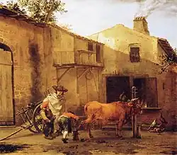 Ferrage d'un bœuf vers 1650. (Tableau de Karel Dujardin)