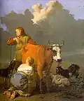 Femme trayant une vache rousse par Karel Dujardin, années 1650.