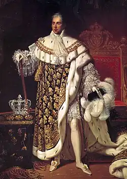 Tableau représentant un roi en costume de sacre, une couronne posée à son côté.