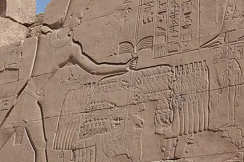 Thoutmôsis III en vainqueur au Levant. Relief du 7e pylônetemple de Karnak