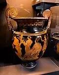 Cratère à volutes attribué au Peintre de Karneia représentant Dionysos escorté par les Ménades au festival des Karneia, 420-400 av. J.-C.