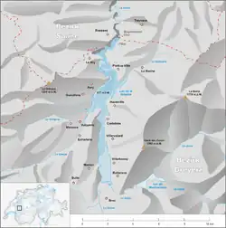 Localisation du lac de Montsavens au sud-est du lac de la Gruyère.