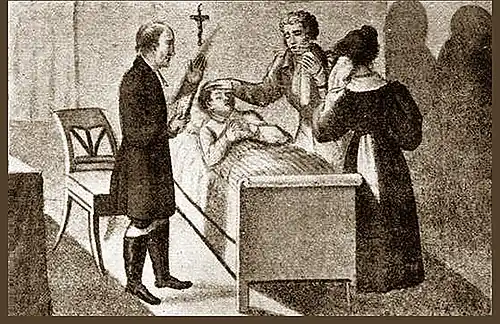 Représentation de la prière au chevet du défunt Kaspar Hauser, XIXe siècle.