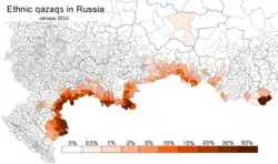 Carte des régions de Russie à la frontière avec le Kazakhstan. La proportion de Kazakhs est indiquée en rouge.