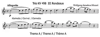 Quelques mesures retranscrites sur deux lignes de partition du trio de clarinette Les Quilles, thème A.