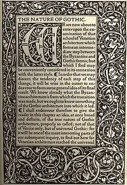 Première page de The Nature of Gothic, de John Ruskin, composée en Golden Type, mouvement Arts and Crafts, inspirée des entrelacs médiévaux européens (enluminure), Kelmscott Press.