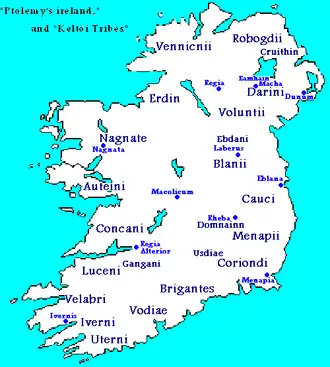  Cartographie schématique de l'établissement des Gaëls d'Irlande, d'après Ptolémée.
