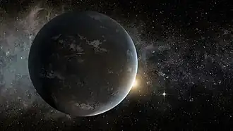 Vue d'artiste représentant Kepler-62 f (en avant-plan) et Kepler-62 e (à droite) orbitant autour de l'étoile Kepler-62 (au centre).