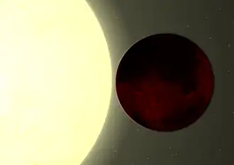 Planète rouge située près de son étoile blanche, vue depuis l'espace