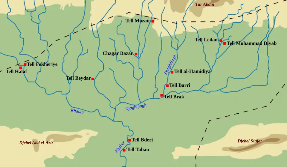 Les principaux sites antiques de la région du Khabour (avec les frontières actuelles).