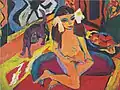 Peinture très colorée et un peu géométrique montrant une fille assise par terre avec un chat et d'autres objets