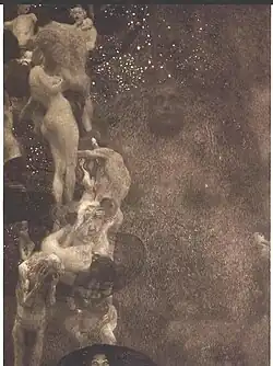 Photo noir et blanc de l'oeuvre. La Philosophie est représenté sour la forme d'une sphinge aux contours flous, la tête perdue dans les étoiles, tandis qu'autour d'elle se déroulent tous les cycles de la vie, de la naissance à la vieillesse, en passant par les étreintes de l'amour. À gauche, à l'avant-plan, la connaissance revêt les traits d'une femme fatale fixant de ses yeux froids et sombres le spectateur.