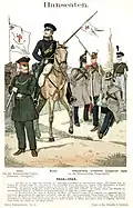 Soldats du contingent de Lübeck : chasseur à pied et cavalier de la Légion, tireurs d'élite, artilleur et fantassin de la garde civique. Gravure de Richard Knötel, 1890.