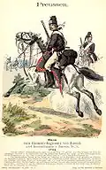 Hussard prussien du régiment von Ruesch (de) en 1744 par Richard Knötel.