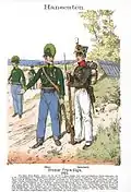 Chasseur et fantassin du contingent de Brême. Gravure de Richard Knötel, 1890.