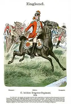 Cavalier du 17e régiment de dragons (en) en 1775, dessin de Richard Knötel, 1890.
