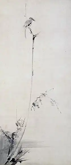 Pie-grièche juchée sur une branche sèche, encre sur papier, signée (nom d'artiste) Niten. 54 × 125, Musée des Beaux-Arts Kubosō.