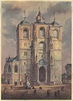 Gravure en couleurs représentant la façade d'un vaste édifice religieux dont la porte principale est flanquée de deux hauts piliers.