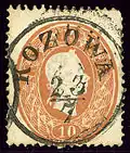 10 kr brun, oblitéré à Kozova en langue polonaise, Ukraine