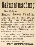 L'avis d'exécution de Léon Trulin. La date de naissance, erronée, est sans doute basée sur celle que Trulin a fait inscrire sur sa carte d'identité afin de se rajeunir.