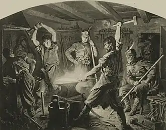Forgeron travaillant sur des faux de guerre pendant l'insurrection polonaise, peinture d'Artur Grottger.