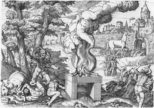 Eau-forte de Giovanni Battista Fontana intitulée Le Cheval de Troie (fin du XVIe&nbsp;siècle).