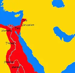 aire colorée encadrant le cours du Nil jusqu'à la hauteur du sud de la péninsule arabique avec une extension le long de la côte nord-ouest de cette même péninsule, englobant Jerusalem et Tyr