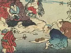 Danzaburō-danuki (en haut à gauche) prête de l'argent aux marchands humains dans le tableau Danzaburō-danuki de la province de Sado (佐渡国同三狸) de Kawanabe Kyōsai ; extrait du livre 100 Images de Kyōsai.