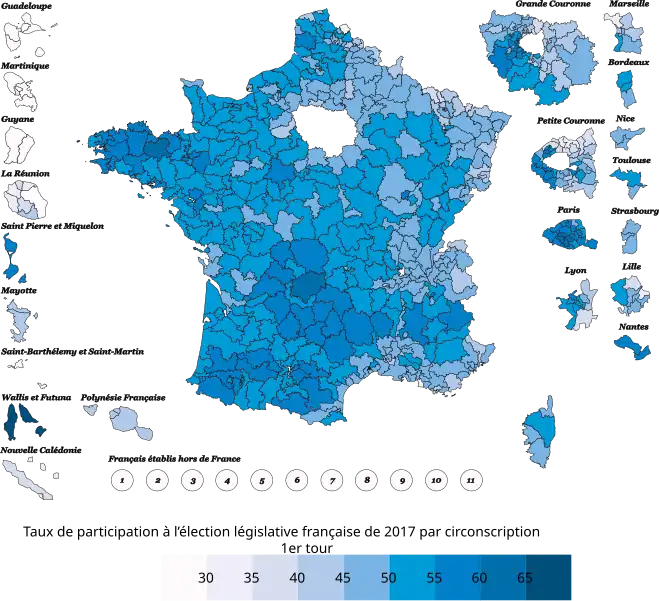Participation dans chaque circonscription au 1er&nbsp;tour.
