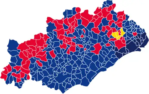 Nuance politique des candidats arrivés en tête dans chaque commune au 1er tour des élections législatives de 2024.