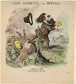 Gravure en couleurs montrant un homme barbu gagnant la terre ferme en quittant une barque qui chavire.
