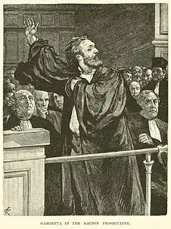 Gravure de presse montrant un avocat plaidant, la main droite en l'air.