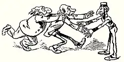 Caricature montrant un homme en poussant un autre dans les bras d'un troisième individu.