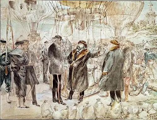 Tableau montrant des hommes en discussion devant un ballon.