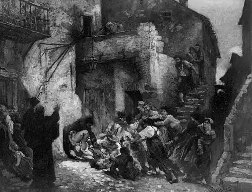 Peinture qui représente une scène de rixe dans des ruelles de Rome entre une douzaine de personnes.