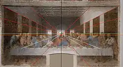 D'une part, les lignes de la composition toute entière (cf. dans le schéma : lignes rouges) passent par un point de fuite unique (A), sur la ligne d'horizon (cf. dans le schéma : ligne orange), situé sur la temple droite du Christ (Léonard avait, à cet effet, accroché des fils à un clou planté dans la temple du Christ, dont le trou est encore visible aujourd'hui, les restaurateurs n'ayant pas souhaité le cacher) ; d'autre part, les lignes de la seule table (cf. dans le schéma : lignes turquoise) convergent dans un point de fuite secondaire (B), situé légèrement au-dessus de l'horizon (cf. dans le schéma : ligne verte).
